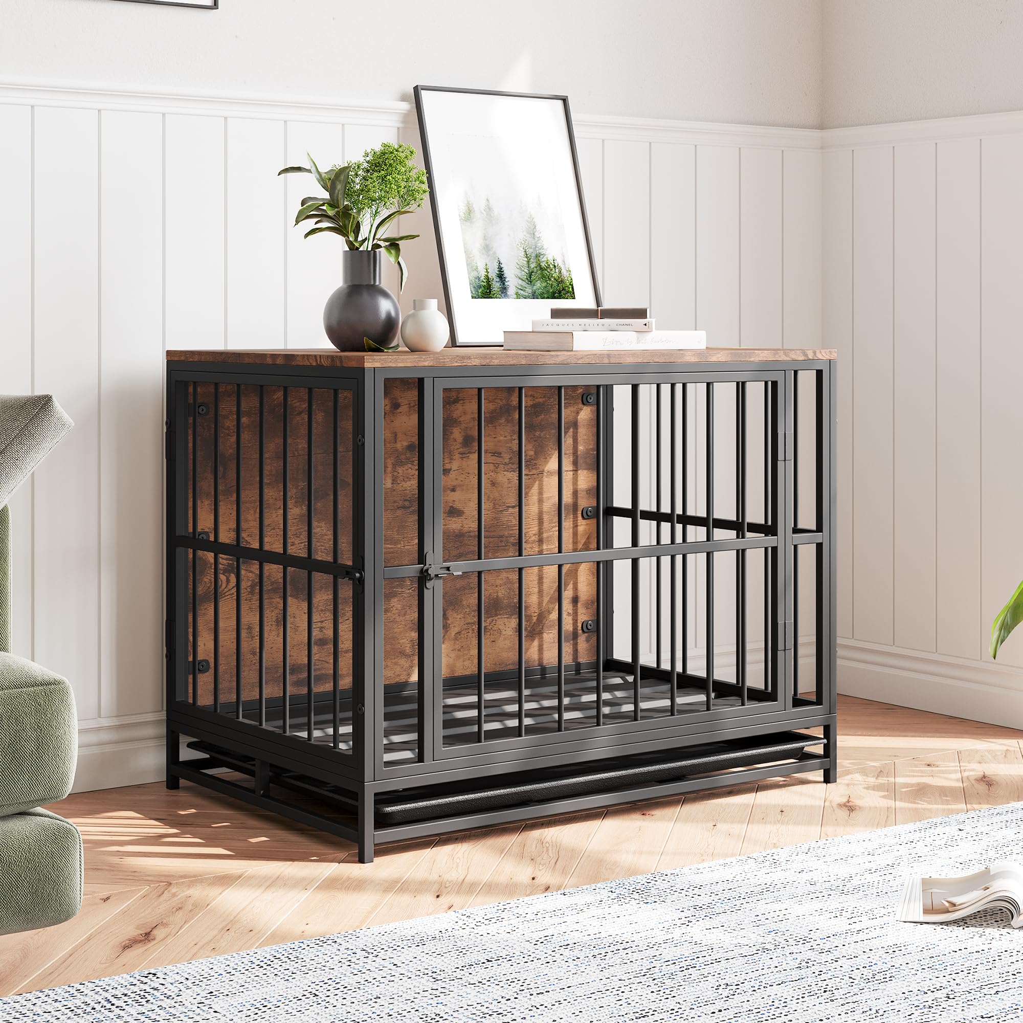 VECOCHO Dog Crate Furniture Heavy Duty Dog Cage for Large/Medium Dogs Wooden Dog Kennel IndoorDog House with Removable TrayDouble Doors Pet Crate Side End Table Chew-ResistantRustic Brown