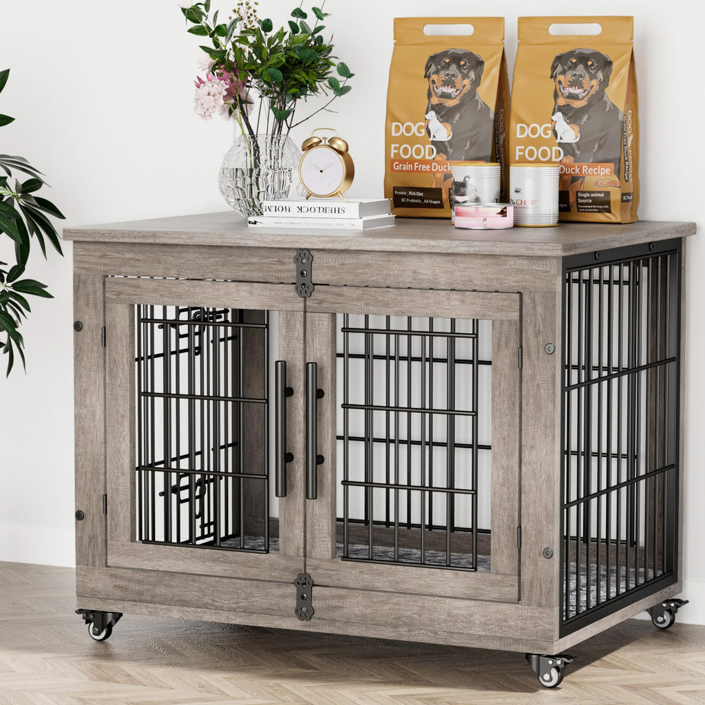 Lulive Dog Crate Furniture for Medium Dogs 32 Dog Kennel Indoor with Cushion & Wheels Wooden Dog Cage Double Doors Dog Crate End Table Grey