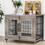Lulive Dog Crate Furniture for Medium Dogs 32 Dog Kennel Indoor with Cushion & Wheels Wooden Dog Cage Double Doors Dog Crate End Table Grey