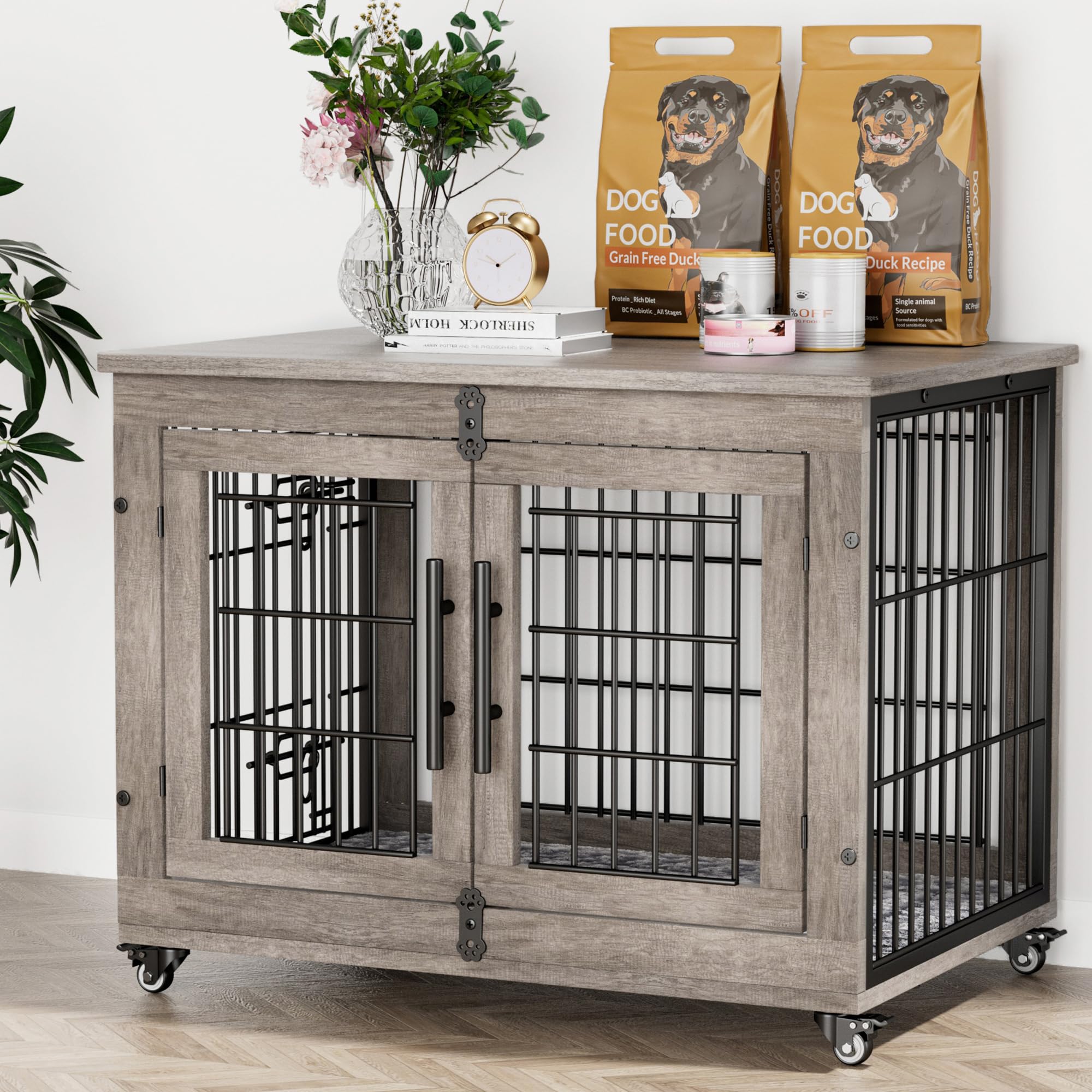 Lulive Dog Crate Furniture for Medium Dogs 32 Dog Kennel Indoor with Cushion & Wheels Wooden Dog Cage Double Doors Dog Crate End Table Grey