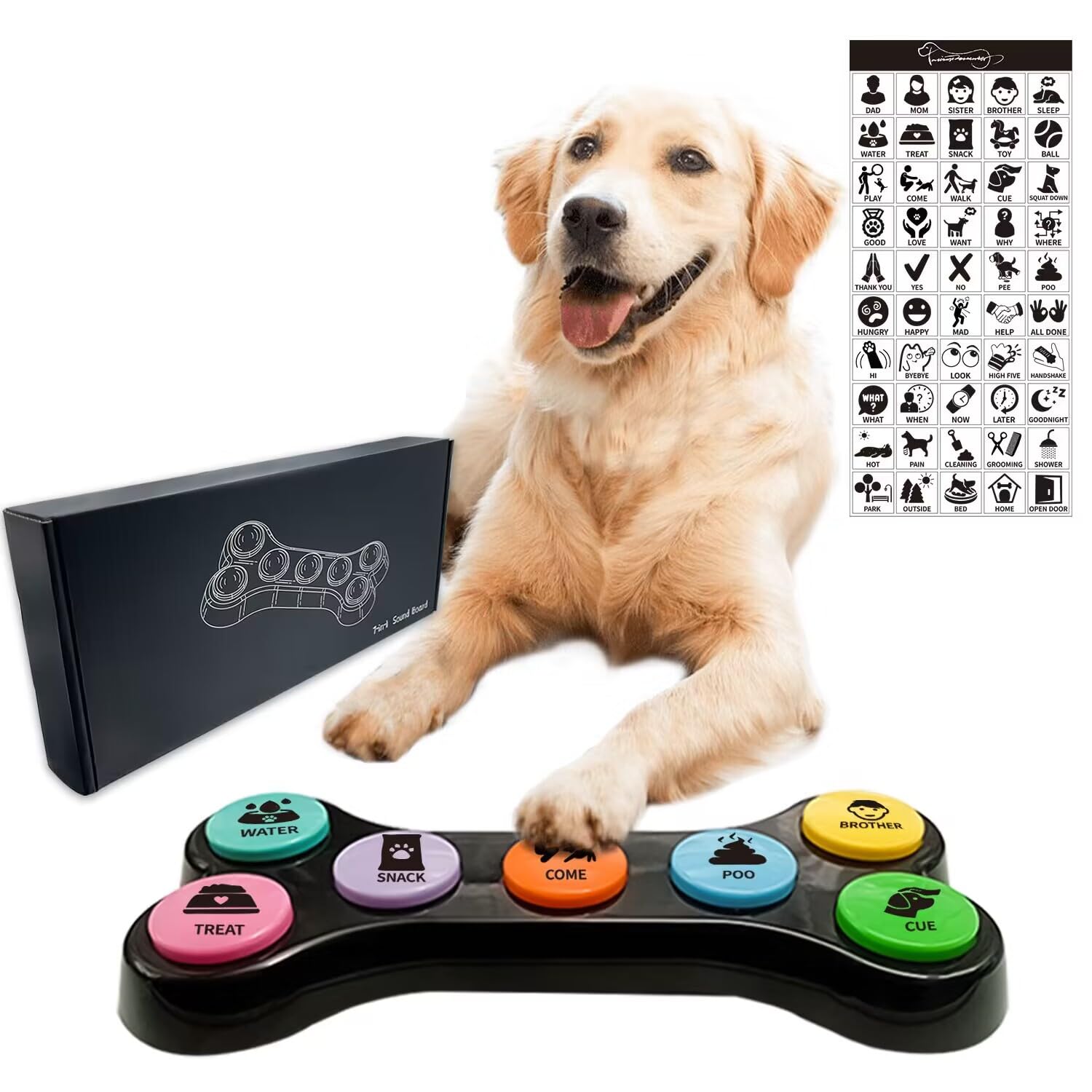 RIBOSY Dog Buttons for Communication 7 in 1 Dog Talking Button Set Recordable Training Buzzers for Dogs with 50 Scene Stickers (Battery Included)